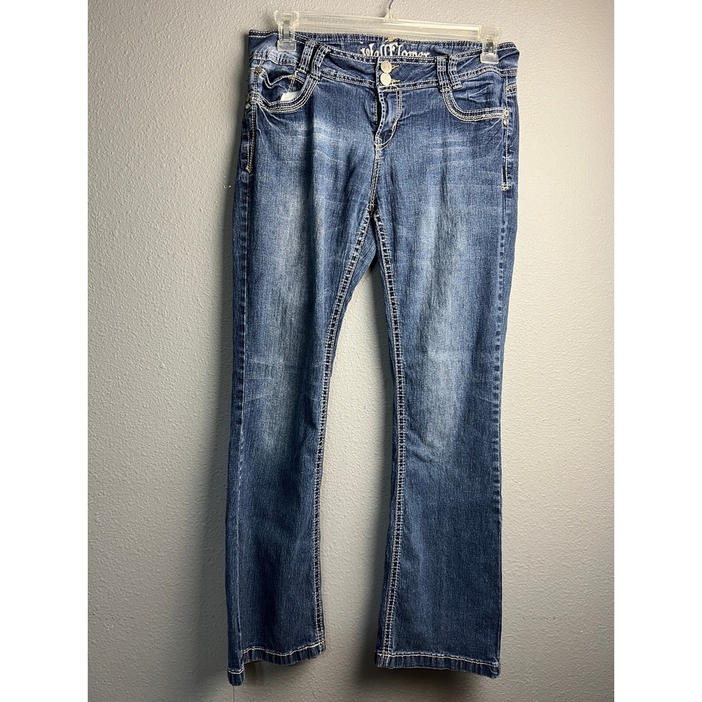 WallFlower Womens Bootcut Jeans Dark Wash Embroidered Flap Pockets Size 13 33x31